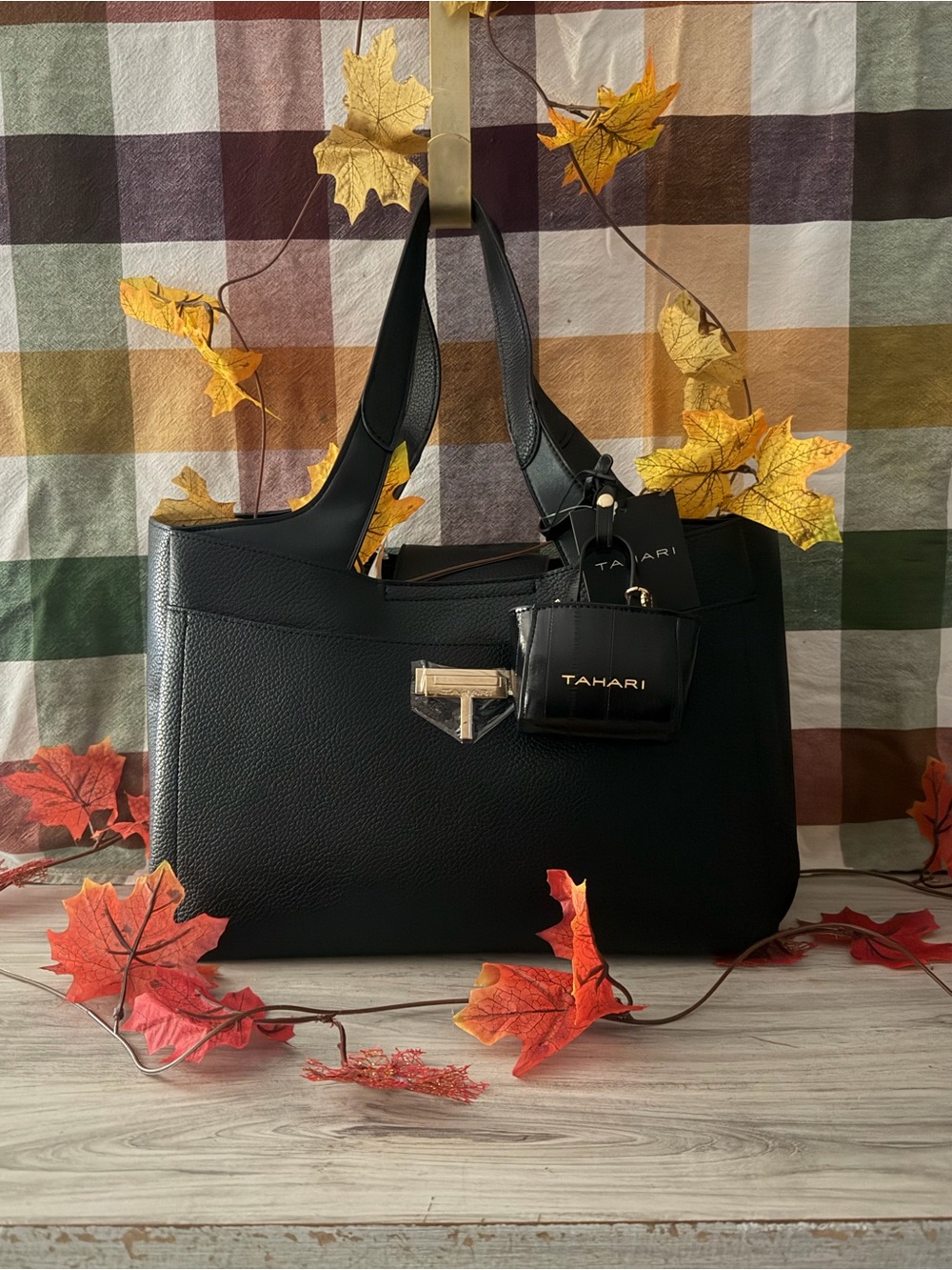 Tahari Black Pebbled Leather Tote with Gold Hardware